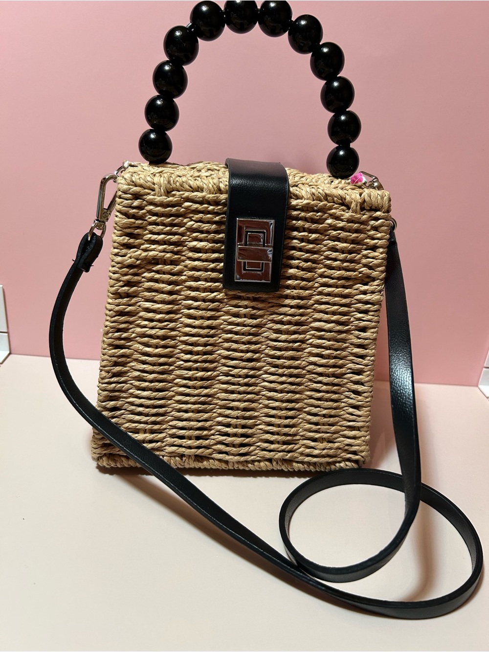 Woven Straw Box Bag with Black Beaded Handle and Strap